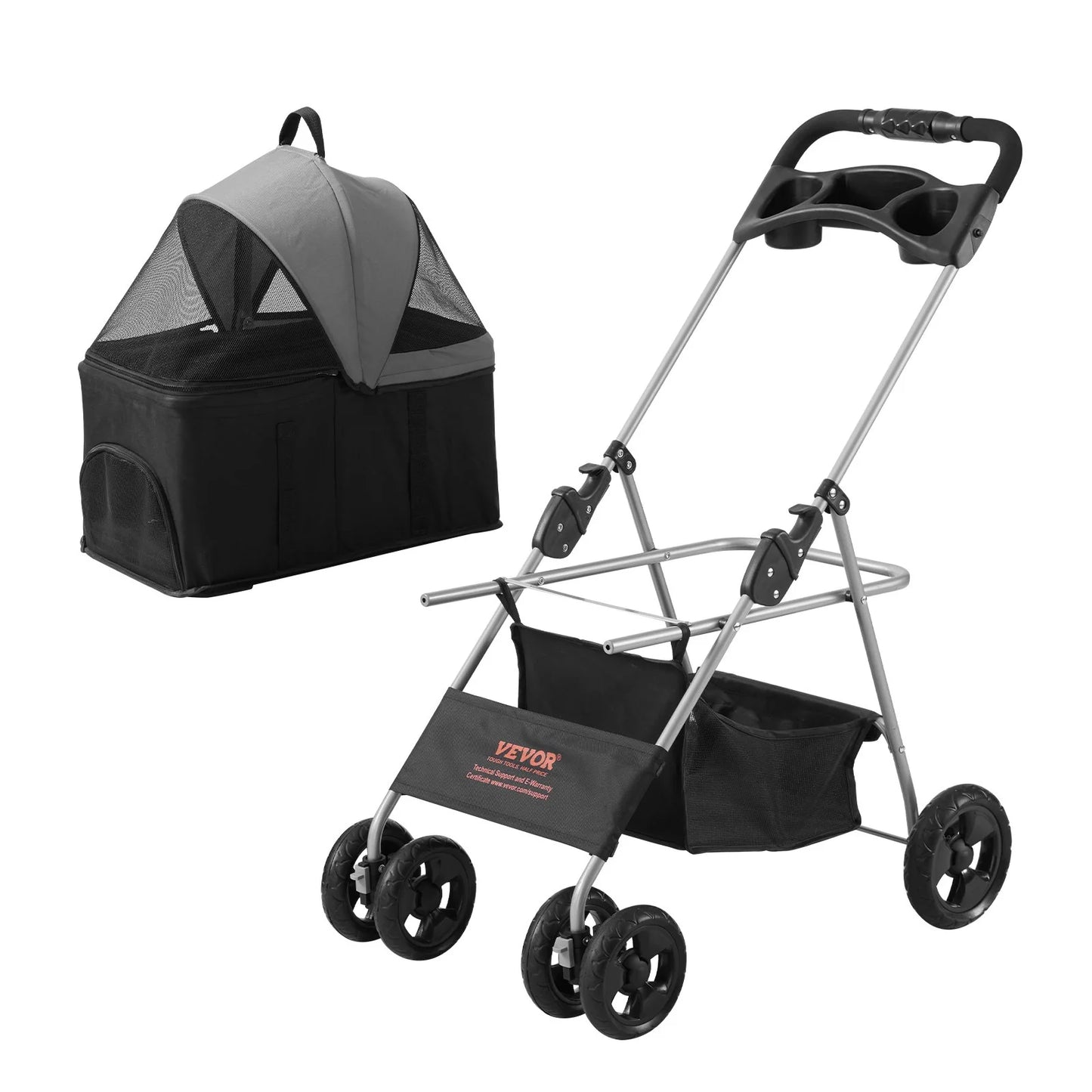 PawVoyager – 4-Wheel Pet Stroller with Detachable Carrier & Storage