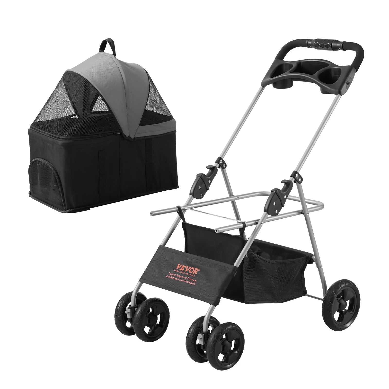 PawVoyager – 4-Wheel Pet Stroller with Detachable Carrier & Storage