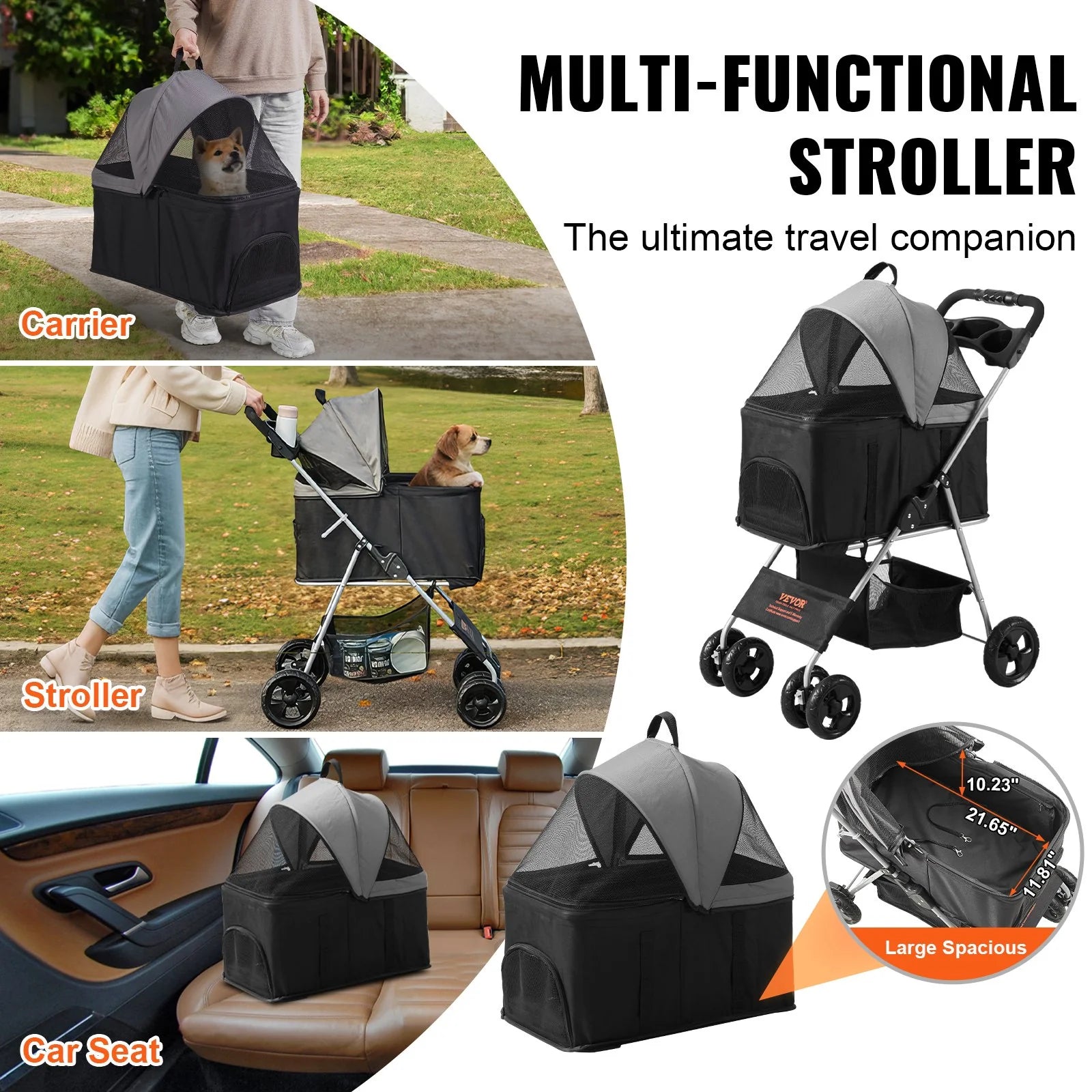 PawVoyager – 4-Wheel Pet Stroller with Detachable Carrier & Storage