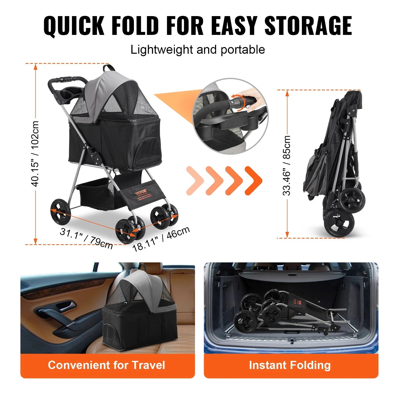 PawVoyager – 4-Wheel Pet Stroller with Detachable Carrier & Storage